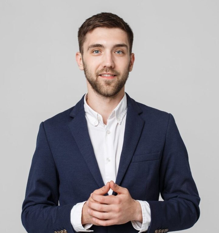 Business Concept - Portrait Handsome Business man holding hands with confident face. White Background.